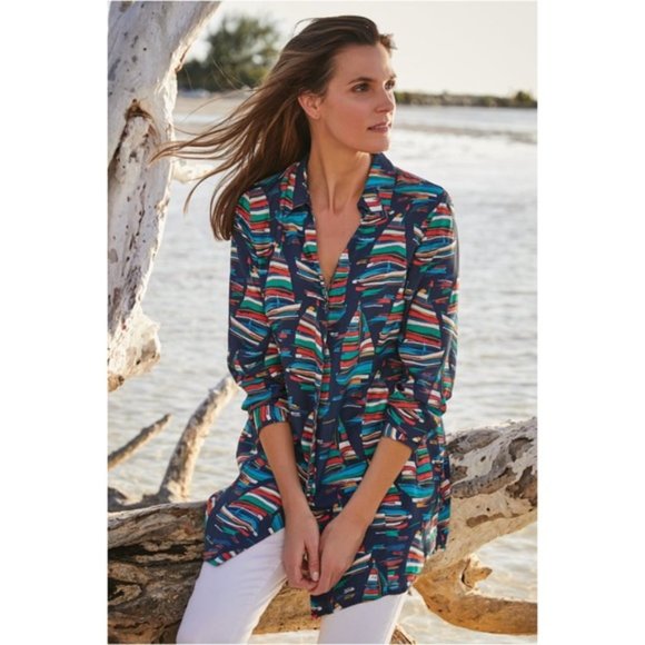 Soft Surroundings Womens Sail Away Top Navy Button Down Sailboat Print Size M - Picture 1 of 8